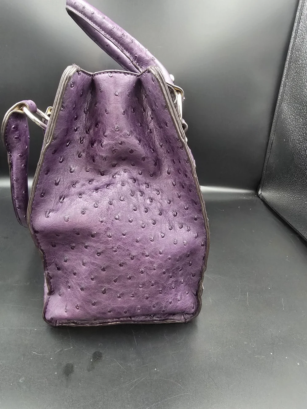 Purple Ostrich-Texture Satchel Handbag with Lock Detail